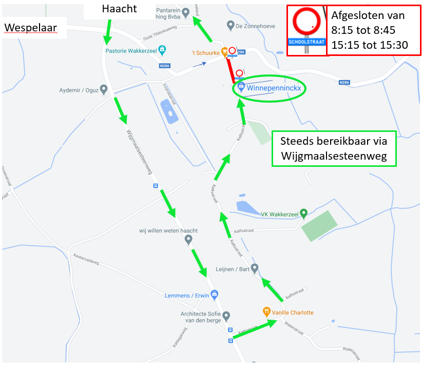 Omleidingsroute naar Tuincentrum Winnepenninckx via Wijgmaalsesteenweg wanneer Schoolstraat afgesloten is