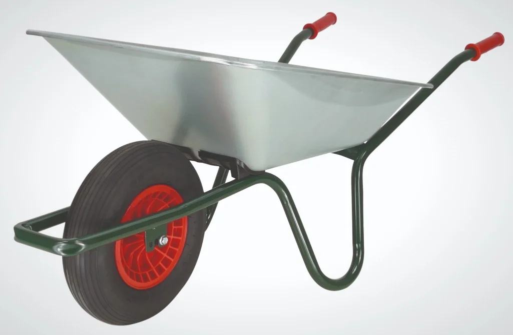 Kruiwagen 80L, verzinkt, Gele volle band - iCore - PP velg - rollager