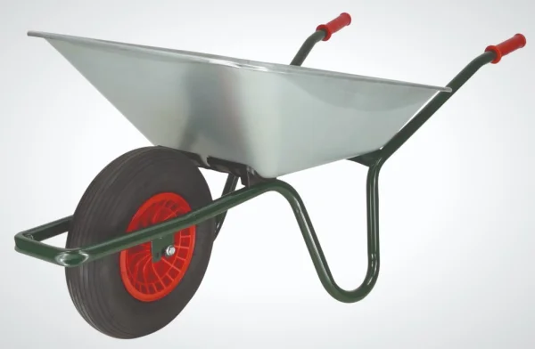 Kruiwagen 80L, verzinkt, Gele volle band - iCore - PP velg - rollager